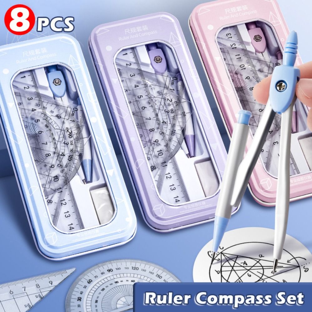 Ruler Set Transparent - 8종 플라스틱 자 세트, 컴퍼스, 지우개,